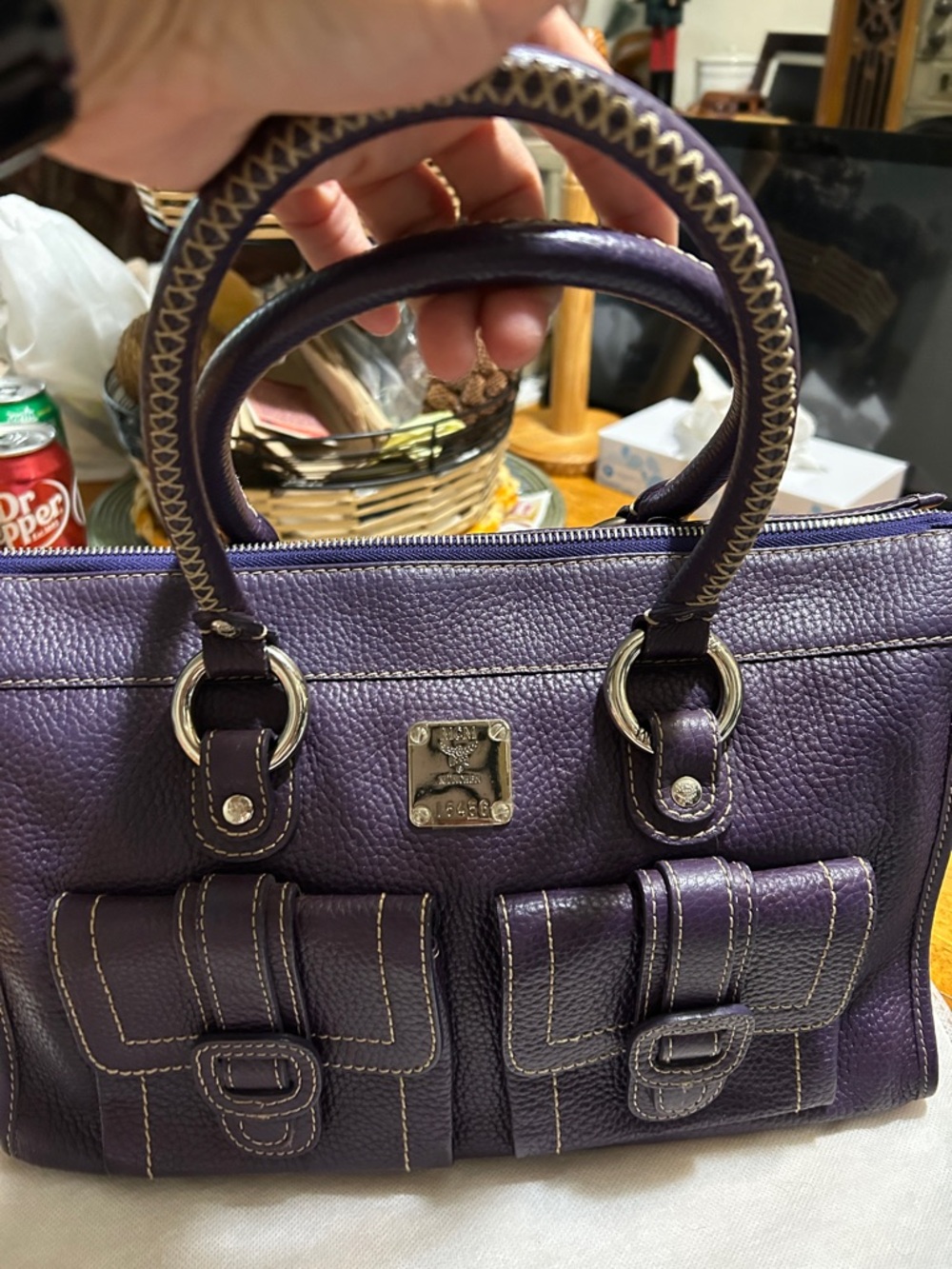MCM Purple Leather Satchel Handbag with Front Pockets - Picture 5 of 9